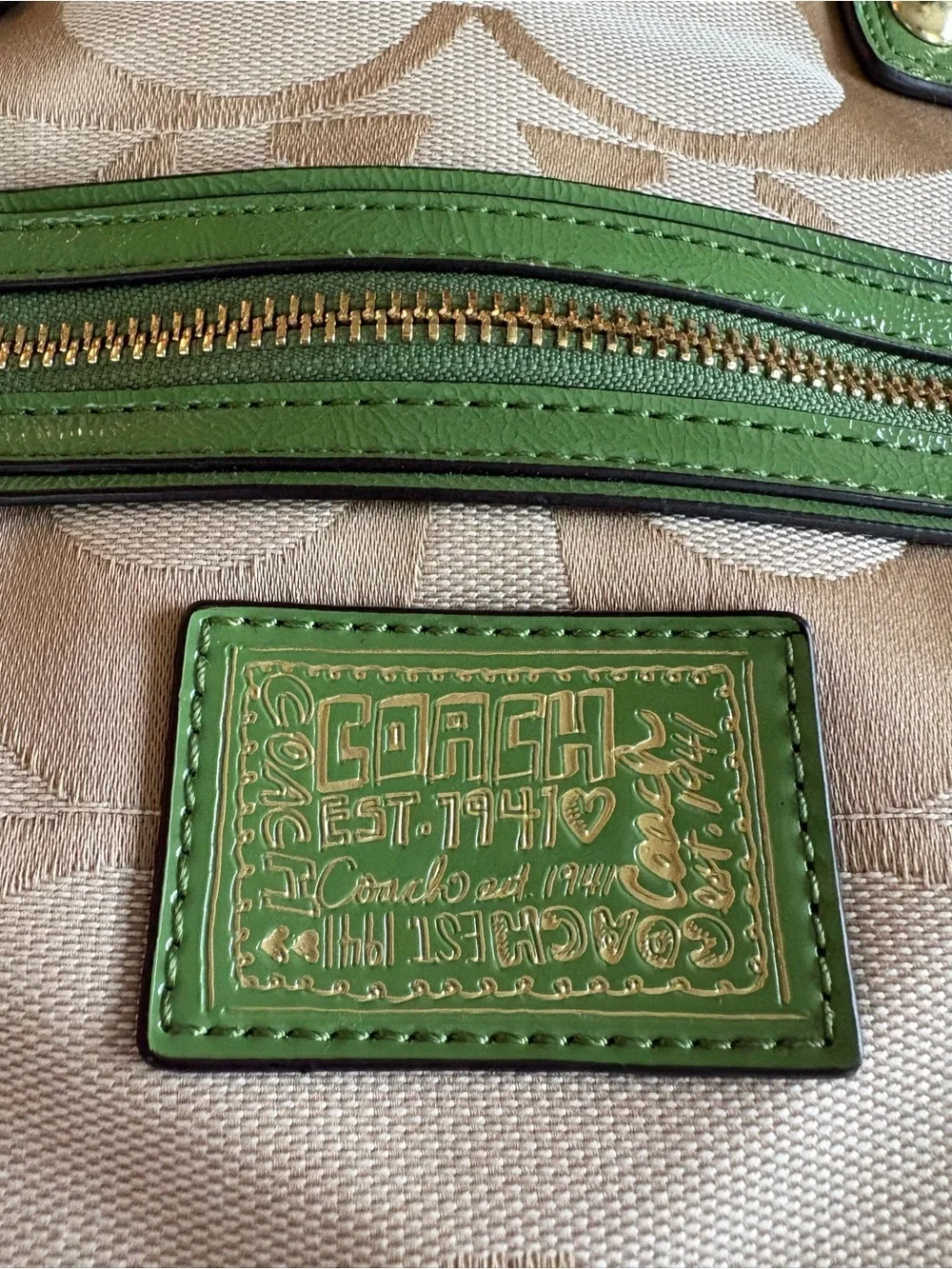 ππCOACH POPPY DAISY SIGNATURE KHAKI JACQUARD & CHARTREUSE LEATHER BAG!ππ - Picture 8 of 10